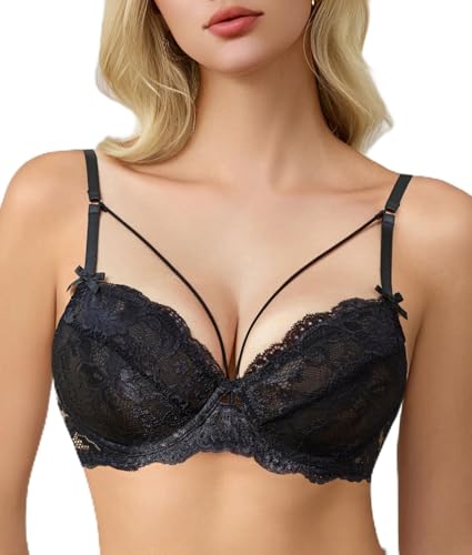Avidlove BH Damen Mit Bügel Große Größen Minimizer BHS Sexy Everyday Bra Durchsichtige Ungepolsterte Spitze Unterwäsche Alltag Bralette mit Schnürung Schwarz XL