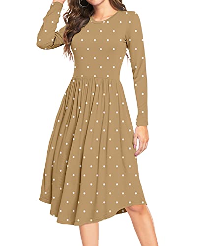 DEARCASE Damen Sommer Polka Dot Lässige Midi Tunika Lange Ärmel Schlichtes Kleid Plissee Lose Fließende Blumen Damen Kleid mit Tasche