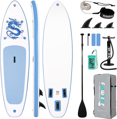 FunWater 320CM Aufblasbares Stand Up Paddle Board, Ultra-Leicht – SUP-Zubehör: Verstellbares Paddel, Pumpe, Rucksack, Leash, Finnen – Für alle Könnerstufen