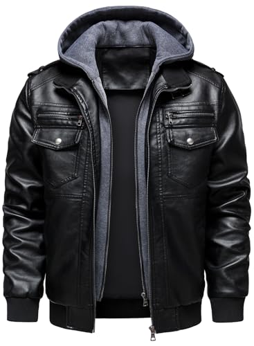 HOOD CREW Herren Lederjacke mit Kapuze Kunstleder Motorradjacken Wasserabweisend Winddicht Moto Vintage Bomberjacke Schwarz XL