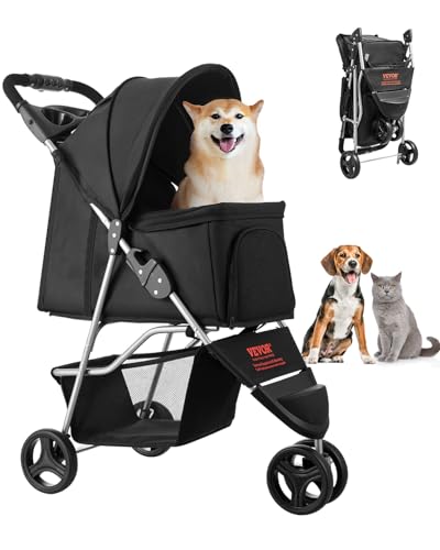 Vevor Kinderwagen für Hunde, Haustiere, faltbar, Kapazität 16 kg, mit 3 Rädern und Bremsen hinten, Fenster aus Netzstoff, Getränkehalter, für Katzen, Haustiere, klein und mittel