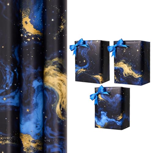 3 Rollen Geschenkpapier in Schwarz und Blau, 43 cm x 3 m Sternenhimmel-Design für Geburtstags- und Valentinstagsgeschenke