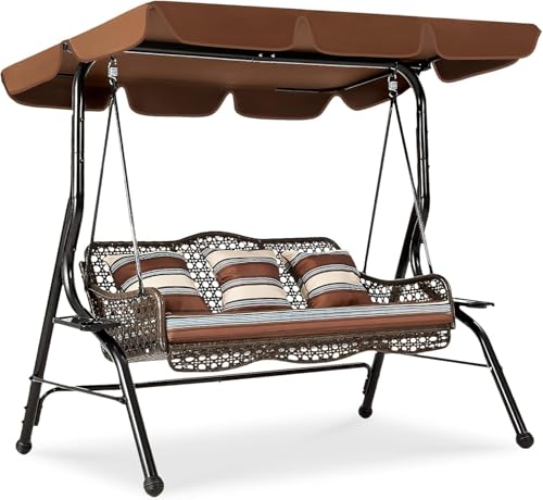 YODOLLA 3-Sitzer Hollywoodschaukel mit verstellbarem Baldachin, Gartenschaukel mit 2 Seitentabletts, 3 Kissen & abnehmbarem Kissen, Patio Wicker Swing mit Ständer für Erwachsene, Balkon, Garten, Deck