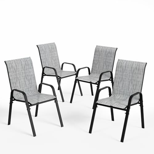 ALAULM Hochlehner Gartenstühle 4er Set Stapelbar, Wetterfeste Terrassenstühle mit Armlehnen, Atmungsaktives Textilene & Stahlgestell für Garten, Balkon, Terrasse, Poolbereich (Grau)