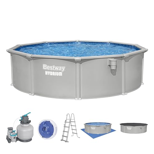 Bestway® Hydrium™ Stahlwandpool 457x122 cm rund – Komplett-Set Granitgrau mit Sandfilteranlage 6.056 l/h, Skimmer, Leiter, Abdeck- & Bodenplane, ChemConnect, 17.430 L, 365 Tage aufstellfähig