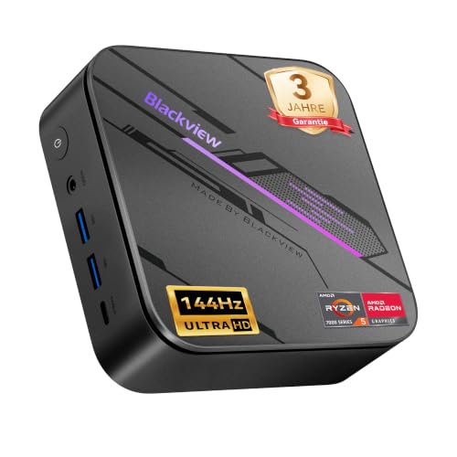 Blackview Mini PC MP100 Pro, 2026 AMD Ryzen 5 7430U, Win 11 Pro Kompakter Desktop-PC, 16GB RAM (rasante 3733 MT/s) 512GB SSD, 4K 144Hz, RGB-Beleuchtung, WiFi 6 für Home Office