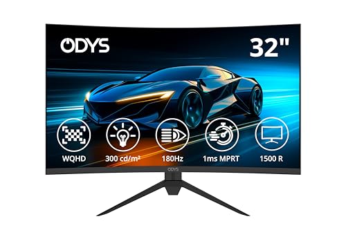 ODYS Gaming Monitor XP32-X - 32 Zoll (80 cm), Curved (1500R), 180 Hz, WQHD (2.560x1.440 px), 1 ms Reaktionszeit (MPRT), HDR, FreeSync/G-Sync komp., Eye Care, HDMI, DP, 3,5mm Audio