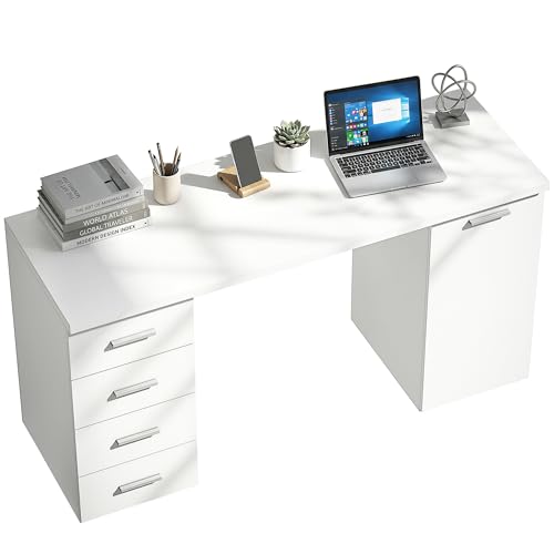 HOMCOM Computertisch mit 4 Schubladen, 140 x 48 x 75 cm Schreibtisch mit Schrank und verstellbarem Regal, Moderner Bürotisch für Büro, Schlafzimmer, Weiß