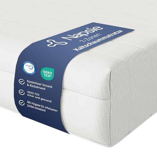NAPSIE 7-Zonen Matratze 90x200 cm | H3 Mittelfest | Ergonomische Kaltschaummatratze | Hypoallergen & Antibakteriell | Bezug abnehmbar & waschbar | Oeko-TEX® (16cm, 90 x 200 cm)