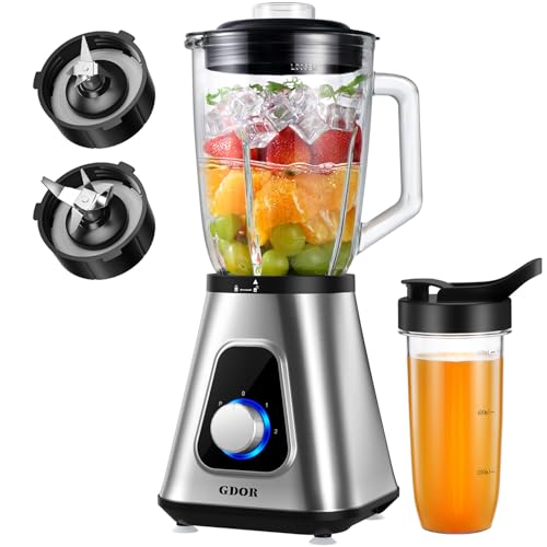 GDOR 1200W Standmixer Glas 2-1 Mixer Smoothie Maker mit 1,5L Glaskrug und 650ml Reisebecher 3 Geschwindigkeiten Hochleistungsmixer Professionell Blender für Smoothies Shakes Gefrorene Getränke Saucen
