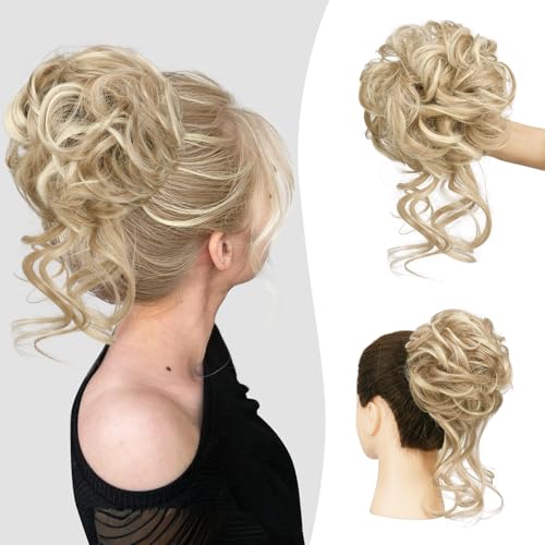 Sofeiyan Haarteil mit Gummiband Gelockt Dutt Haarteil Mit Haaren Hochsteckfrisuren Synthetisch Messy Bun Haar Tousled Updo Haarteile für Frauen, Hell Aschbraun & Bleichblond