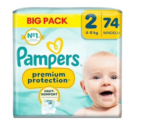 Pampers Premium Protection Größe 2, 74 Windeln, 4kg-8kg, Doppelter Schutz für die Haut und vor Auslaufen