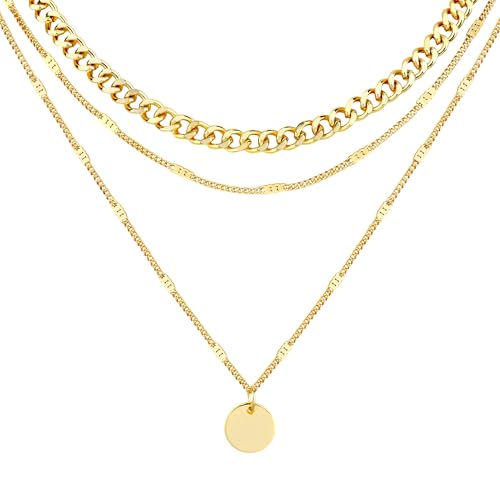 LOLIAS 3 Stück Halskette Damen Kette Gold Layering Choker Frauen Goldkette Wasserfest Lange Ketten Mit Anhänger Rund Doppelkette Mehrreihige Ketten Damen Schmuck