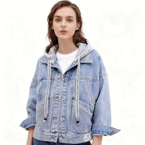 Damen Jeansjacke, Damen-Jeansjacke Modische Blaue Abnehmbare Kapuzen-Langarm-Jeans-Trucker-Jacke Mit Vintage-Lose-Waschung Faded Denim Coat Spring Transition Casual Outwear (XXL)