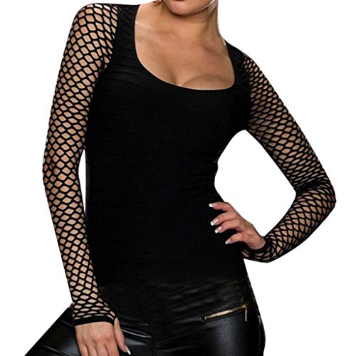 T Shirt Langarm Damen Pullover Cutout Netz Langarm Slim Fit Sexy Low Rundhals Punk T-Shirt Gothic Kleidung Y2K Oberteile Tunika Top Bluse Longshirt Hemden Sportshirt für Alltag Party Festliches Rock
