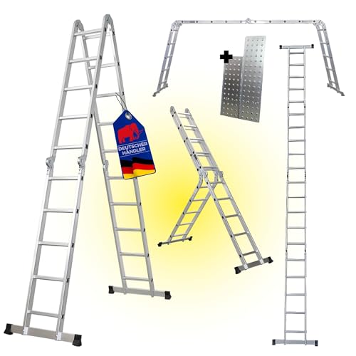 PROREGAL Sprossen-Mehrzweckleiter MULTISTEP, 4-teilig Aluminium, 4x5 Sprossen, bis zu 5,7m Höhe, Traglast 150kg, Arbeitsgerüst Stehleiter Anlegeleiter