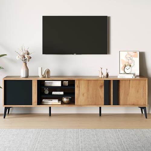BTM TV Schrank 180, Rustikal Lowboard mit 3 Tür, Fernsehschrank Board Bank Für Fernseher max 85 Zoll, 180X40X50cm, Holz Eiche
