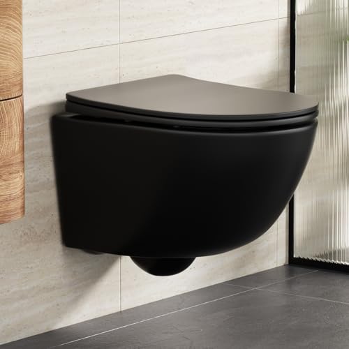 Rainsworth Hänge WC Spülrandlos Toilette - Starker Spülung, Kloschüssel inklusive WC-Sitz Absenkautomatik, Kompakt Design 48,5 cm lang, Einfach zu einigen, ideal für Badezimmer-Aufstieg, Schwarz