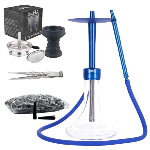 MR EDS E29 Boss - Premium Shisha Wasserpfeife im Komplettset aus Aluminium mit Silikonschlauch und Mundstück, inklusive 100 Hygienemundstücke (Clear, Blau)