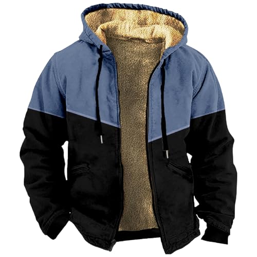 Generisch Jacke Herren Herbst, Winter Vintage Druck Dicke Teddy Fleece Gefüttert Langarm Hoodie Warm Kapuzenjacke Mit Reißverschluss Plüsch Innenfutter Arbeitshemd Outdoor Jacket Coat (4XL, Blau)