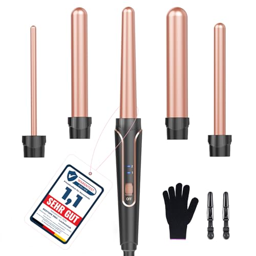 5-in-1 Lockenstab-Set - Wellenlockenstab - Geeignet für alle Haartypen, Keramikmaterial, schnelles Aufheizen mit zwei Temperaturstufen, inklusive Handschuhen und 2 Haarspangen.