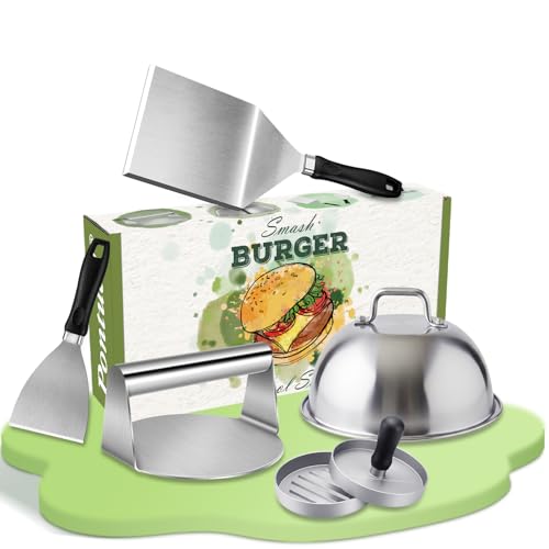 Pontual Smash Burger Set 5-TLG, Grillspachtel Set aus Edelstahl für Grillplatte Teppanyaki, Plancha Grill Zubehör mit Groß Grillwender, Burgerpresse, Burgerglocke, Pattywender für Männer Geschenk