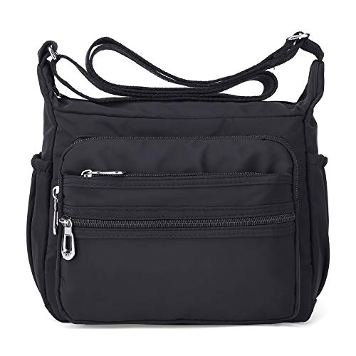 NOTAG Damen Umhängetasche, Wasserdicht Nylon Schultertasche Multi-Tasche Messenger Bag 2 Size (Schwarz, L)