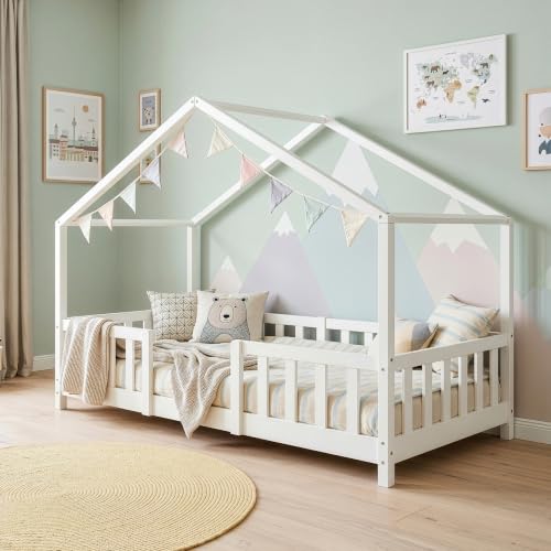[en.casa] Kinderbett Treviolo Hausbett 90 x 200 cm Holzbett für Kinder mit Rausfallschutz Montessori Bettgestell mit Lattenrost Kiefernholz Weiß