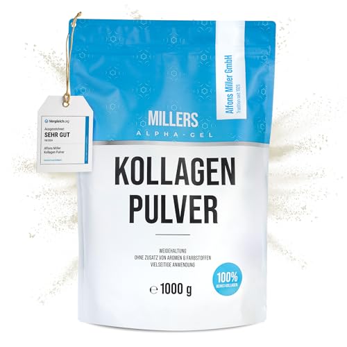 100% reines Kollagen Pulver – Kollagen Peptide – Collagen Protein – Millers Alpha-Gel 1000 g – Ohne Zusatzstoffe – Geschmacksneutral – Collagen Pulver in Deutschland hergestellt
