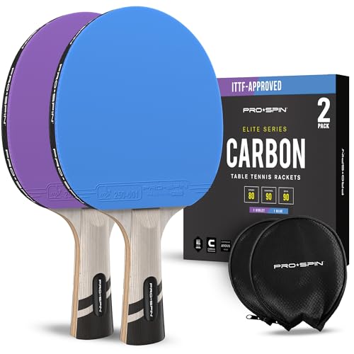 PRO-SPIN Tischtennisschläger – ITTF-zugelassener Carbon Profischläger für überlegene Präzision und Spin | Profi-Obergummi, 2,0 mm Schwammstärke, Schutzhülle (Blau|Lila, 2er-Pack)