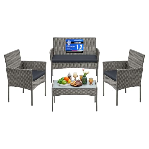 SONGMICS Gartenmöbel-Set, 4-teilig, Balkonmöbel aus PE-Polyrattan, Tisch, 2 Stühle, 2-Sitzer-Bank, Lounge-Möbel Outdoor, Terrassenmöbel, für Terrasse, Balkon, grau GGF004TZ01