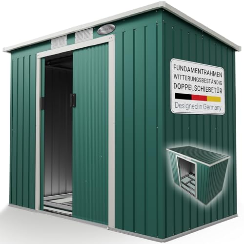 Juskys Metall Gerätehaus M 4 m³ mit Fundament, 213 x 130 x 173 cm, Geräteschuppen mit Pultdach & Schiebetür, Stahl Gartenhaus Garten Schuppen, grün