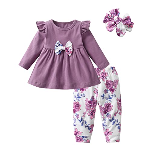 Joureker Baby Mädchen Kleidung Langarm Ruffle Tops und Floral gedruckt Hosen Kleinkind Baby Mädchen Outfits Sets, Lila, 9-12 Monate