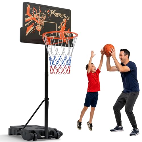 KM-Fit Basketballkorb Outdoor für Kinder & Einsteiger | Mit Ständer höhenverstellbar 110–210 cm | Mobiler Basketball Korb mit Rollen & Ballablage | inkl. 2 Netze