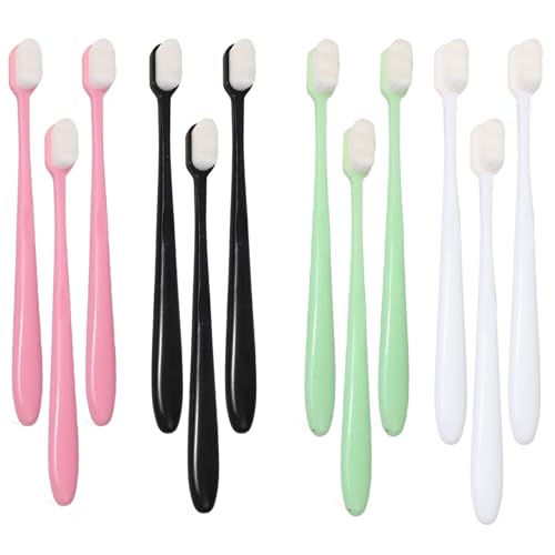 12 Stück Extra Weiche Zahnbürsten,Zahnbürste Mikro ultrafeine Borsten Handzahnbürste sanfte Reinigung für die Mundhöhle Erwachsene Kinder(Schwarz Weiß Grün Rosa)