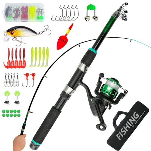 Cioquli Angelset für Kinder, Kinderangel Komplett Anfänger, Kinder Angelset mit Angelrolle und Köder, 1.8m Kohlefaser Teleskop Angelrute, Angelzubehör für Jungen und Mädchen von 3-10 Jahren