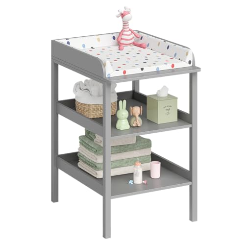Bellabino Bani Wickelkommode aus Holz in Grau – Wickeltisch schmal mit 2 offenen Ablageflächen – Wickelregal rückenschonend mit 86 cm Höhe – große Wickelfläche von 70 x 53 cm