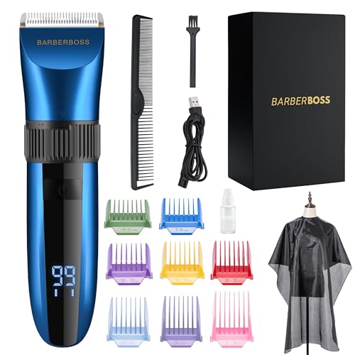 BarberBoss Kabelloser, selbstschärfender Bart- und Haarschneider, wasserdicht, mit Keramikklingen, LED-Display, schnelles Aufladen und 8 farbigen Kamm-Aufsätzen QR-2082