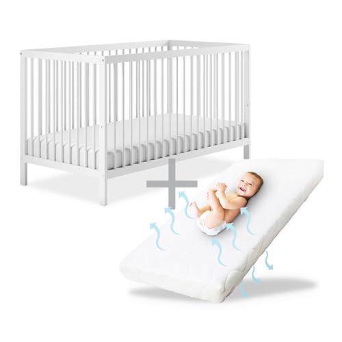 Ehrenkind® Babybett PUR inkl. Matratze 140x70 aus Natur Buchenholz | Weiß | Kinderbett 9-Fach höhenverstellbar mit entnehmbaren Stangen | Baby Bett