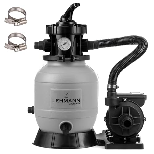LEHMANN Sandfilteranlage mit Poolpumpe FP1, 8000 L/h, 7-Wege-Ventil & Manometer, Induktionsmotor mit Kupferwicklung, Schutzklasse IPX5, Pool Filteranlage mit Sandfilter für 25.000 L Pools, Grau