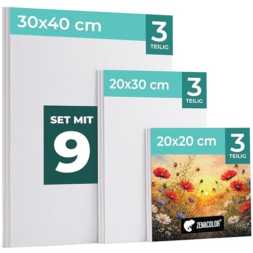 Zenacolor - Canvas Set 9 teilig - Leinwand zum Malen - Gemälde auf Leinwand, Acrylmalerei, Ölgemälde, Gouache, Aquarell - 100% Säurefreie Baumwolle (Multi-set 9)