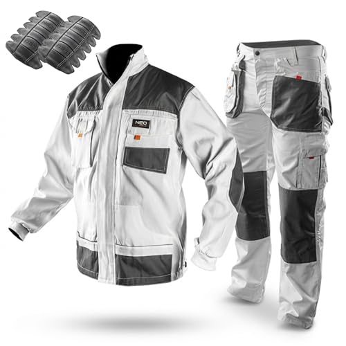NEO TOOLS Profi Herren Arbeitskleidungssatz Gr. S - XXL, Hervorragende Qualität, verstärkte Kleidung | Arbeitshose, Arbeitsjacke mit Oxford-Gewebe an Ellbogen und Knieschutzpolster (L)