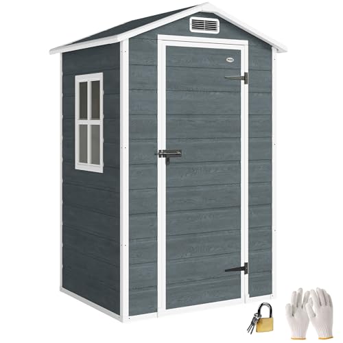Outsunny Gerätehaus 1,1 m² Geräteschuppen mit Holzoptik Fenster 128 x 104 x 196 cm Kunststoff Gartenschuppen mit Satteldach Belüftung Boden Schloss Handschuhe, Gartenhaus für Werkzeuge Grau