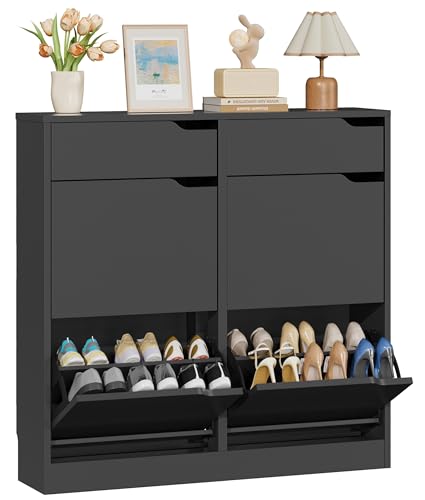 IRONCK Schuhschrank mit 4 Klappen, Schuhkipper Schmal mit 2 Schubladen, freistehendes Schuhregal, Schuhkommode mit verstellbaren Trennwände, Schuhablage Schrank für Flur Eingang, Wohnzimmer (Schwarz)