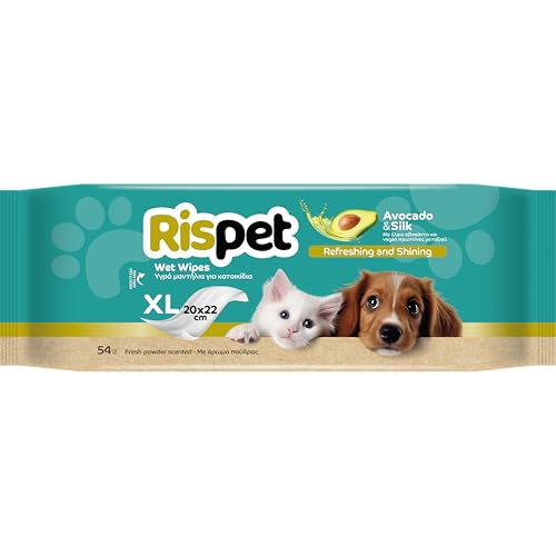 Rispet Hygienische und reinigende Tücher XL, Avocado und Seide, für das Fell von Hunden, Katzen und Haustieren, 54 Tücher