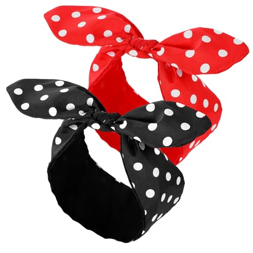 TIESOME 2 Stück Polka Rundes Haarband mit Metalldraht, Haarband Rockabilly Kopfband Vintage Haarreif Schwarz Rot Schleife Knoten Haarreif für Mädchen 50er 90er Jahre Deko Accessoires Damen
