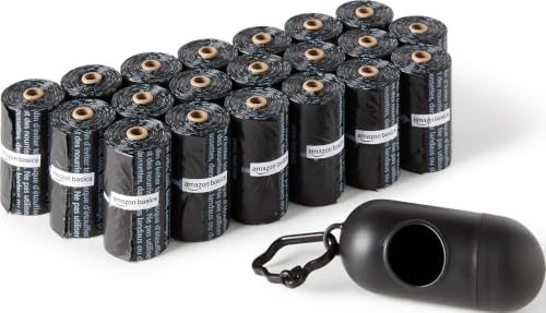 Amazon Basics Hundekotbeutel mit Spender und Leinenclip, Unparfümiert, 300 Beutel (20 Packungen mit je 15 Beuteln), Schwarz