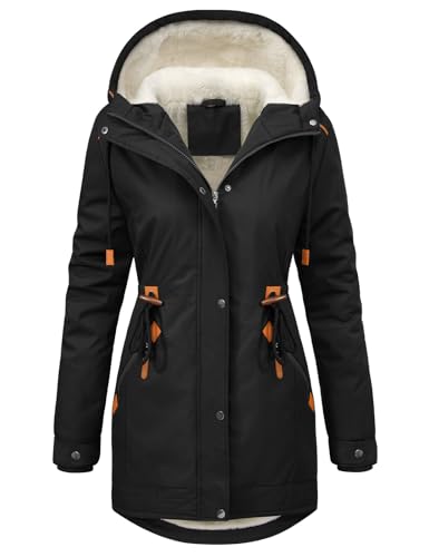 CMTOP Winterjacke Damen Warm Dicke Wintermantel Mittellang Fleece Gefütterte Parka Elegant Casual Outdoor Kapuzenmantel Herbst Winter Jacke Hoodie mit Reißverschluss, Kordelzug(Schwarz, M)