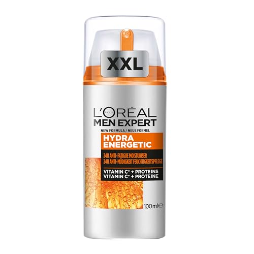 L'Oréal Men Expert XXL Gesichtspflege gegen müde Haut für Männer, Belebende Feuchtigkeitscreme 24H Anti-Müdigkeit, Gesichtscreme für Herren mit Vitamin C und Proteinen, Hydra Energy, Exklusive,1x100ml