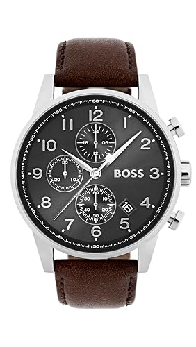BOSS Chronograph Quarz Uhr für Herren Kollektion Navigator mit Braunes Lederarmband - 1513494